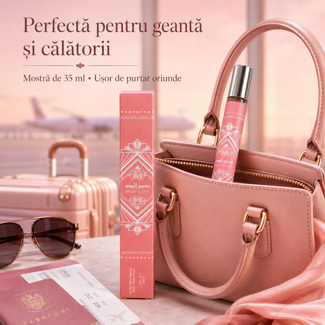 Caracteristici mostră fiolă parfum Badee Al Oud Rose Milk 35 ml Eau de Parfum pentru femei, format compact, pulverizator practic și aromă dulce pudrată